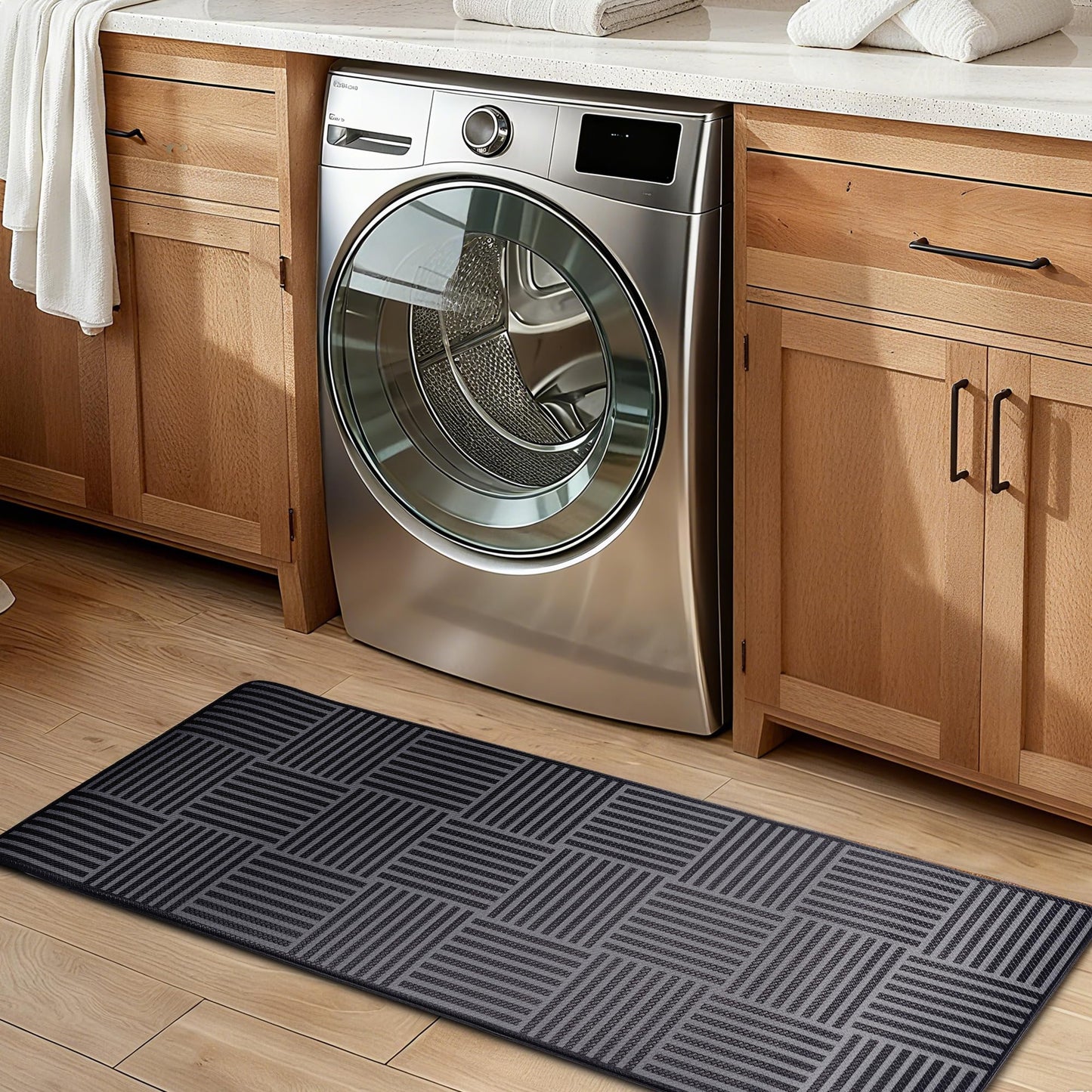Kitchen Mats For Floor 2 Piece Cushioned Anti Fatigue Kitchen Plaid Rugs Set Non Slip Waterproof Comfort Foam Standing For Laundry,Desk,Office,Bathroom,Apartment Decor,17.3"X29"+17.3"X47",Black