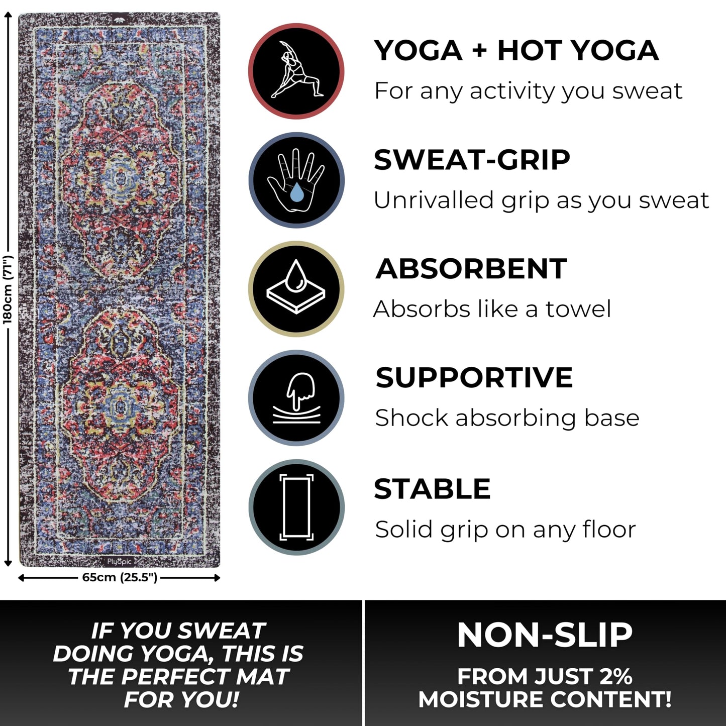 Plyopic. All In One Yoga Mat | Luxury Sweat-Grip Mat/Towel Combo | Ideal for Yoga, Hot Yoga, Bikram, Pilates, Workout & Exercise | Eco-Friendly Natural Rubber