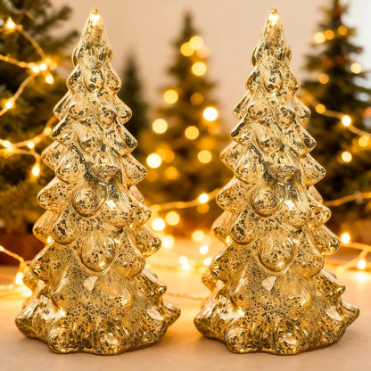 Regine Switzerland Mercury Glass Christmas Tree Set - Gold Collectible Figurines with LED | Indoor Table Centerpiece