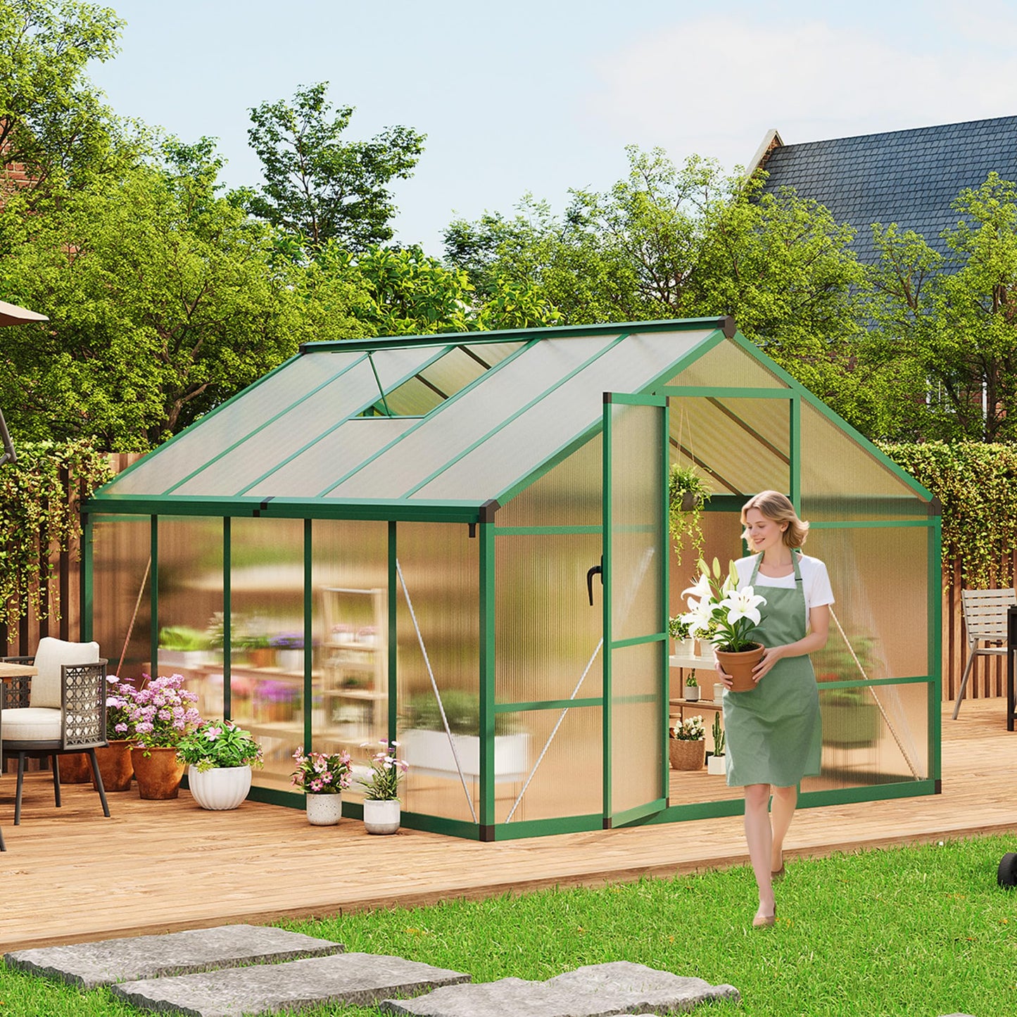 Garvee 8 x 10 FT Greenhouse, Greenhouses for Outside, Polycarbonate Greenhouse with Aluminum Frame, Lockable Door and Ajustable Roof Vent for Backyard, Green Houses for Outside Garden Backyard, Patio