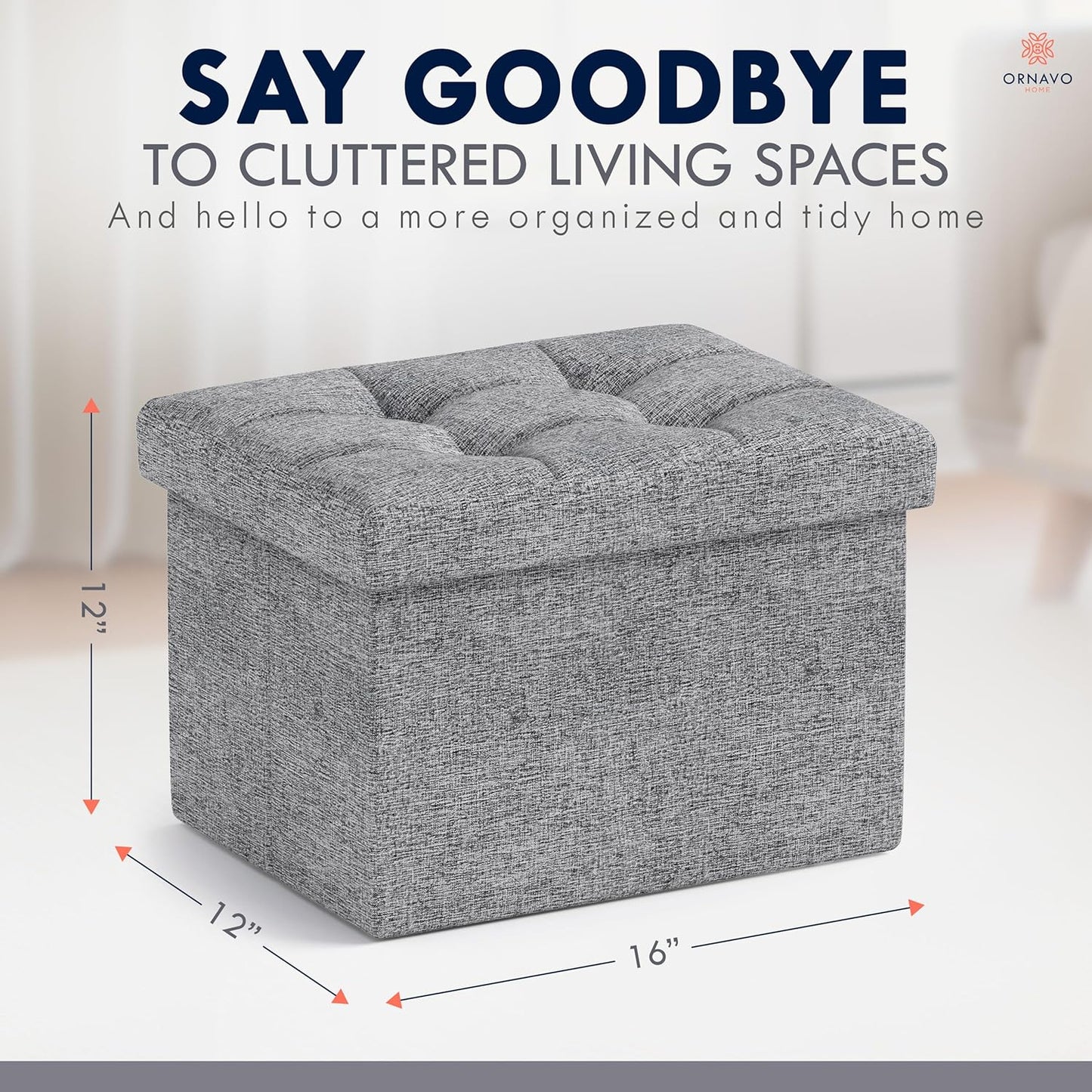 12 16 12, Ornavo Home Small Storage Ottoman Foldable Collapsible Rectangle Linen Ottoman Foot Rest Stool Seat