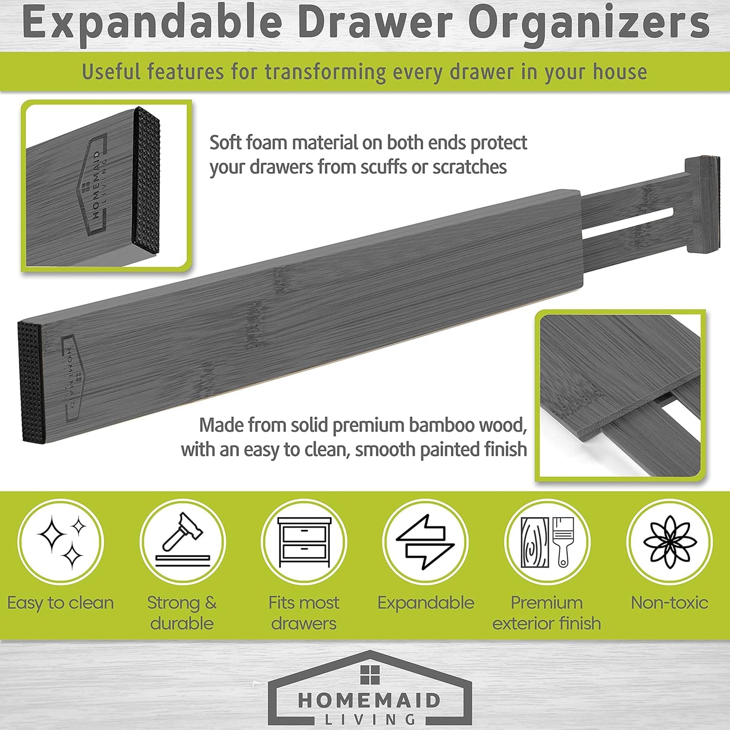 Homemaid Living Bamboo Drawer Dividers, Adjustable and Expandable Kitchen Organizer, Ideal for Silverware (4pk)