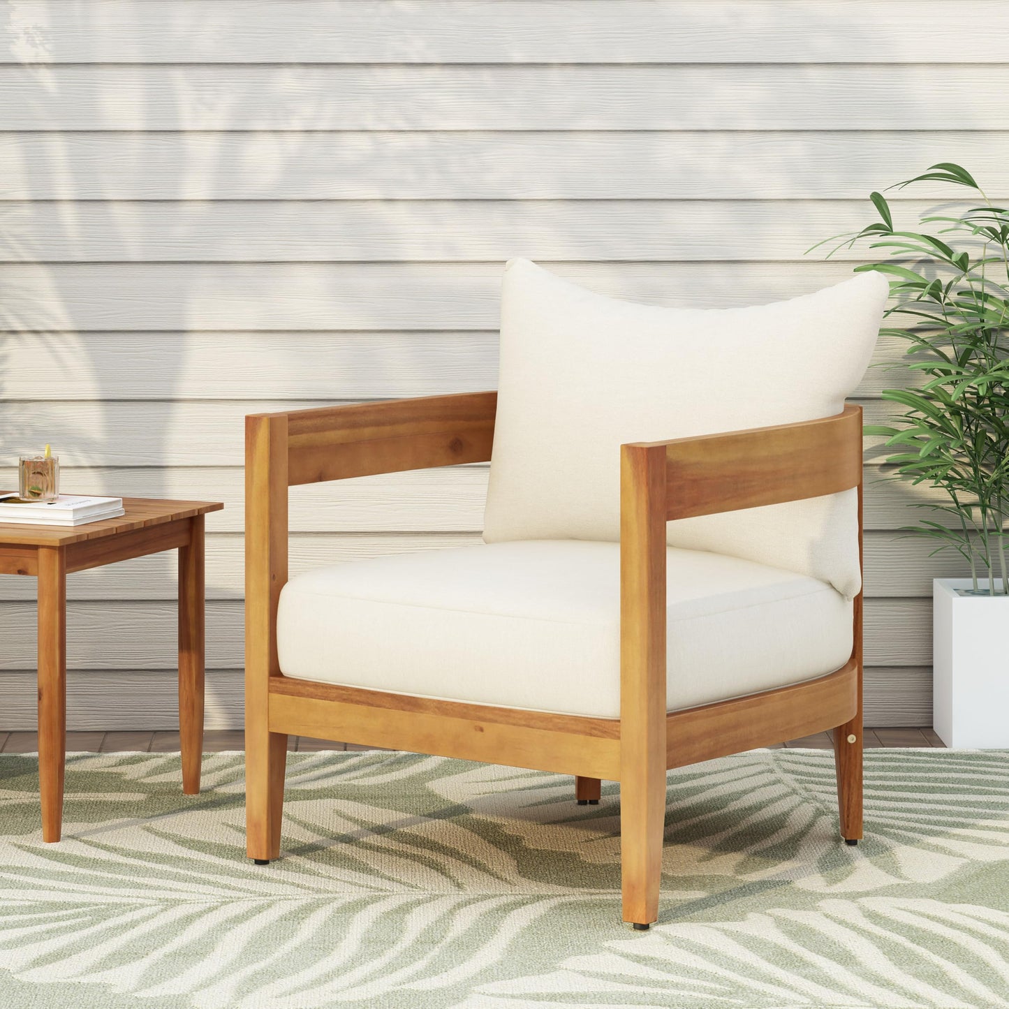 Christopher Knight Home Nadine Outdoor Accent Chair, Acacia Wood Club Chair, Tub Shape Design Armchair, Comfort Cushions Seating, Slat Open Back Reading Sofa for Balcony Backyard Garden, Teak+Beige
