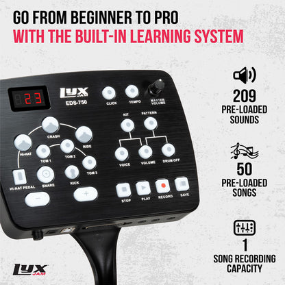 LyxJam 7-Piece Electronic Drum Kit, Professional Drum Set with Real Mesh Fabric, 209 Preloaded Sounds, 50 Play-Along Songs, Recording Capability, Cymbals & Kick Pedal, Drum Sticks And Key Included