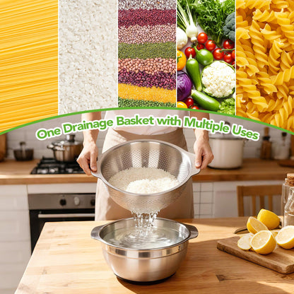 304 Stainless Steel Colander, 2.5 QT Capacity and 2.5 QT Mixing Bowl, Micropore Strainer for Washing Rice, Fruit, and Veggies, Perfect Draining for Cooked Pasta