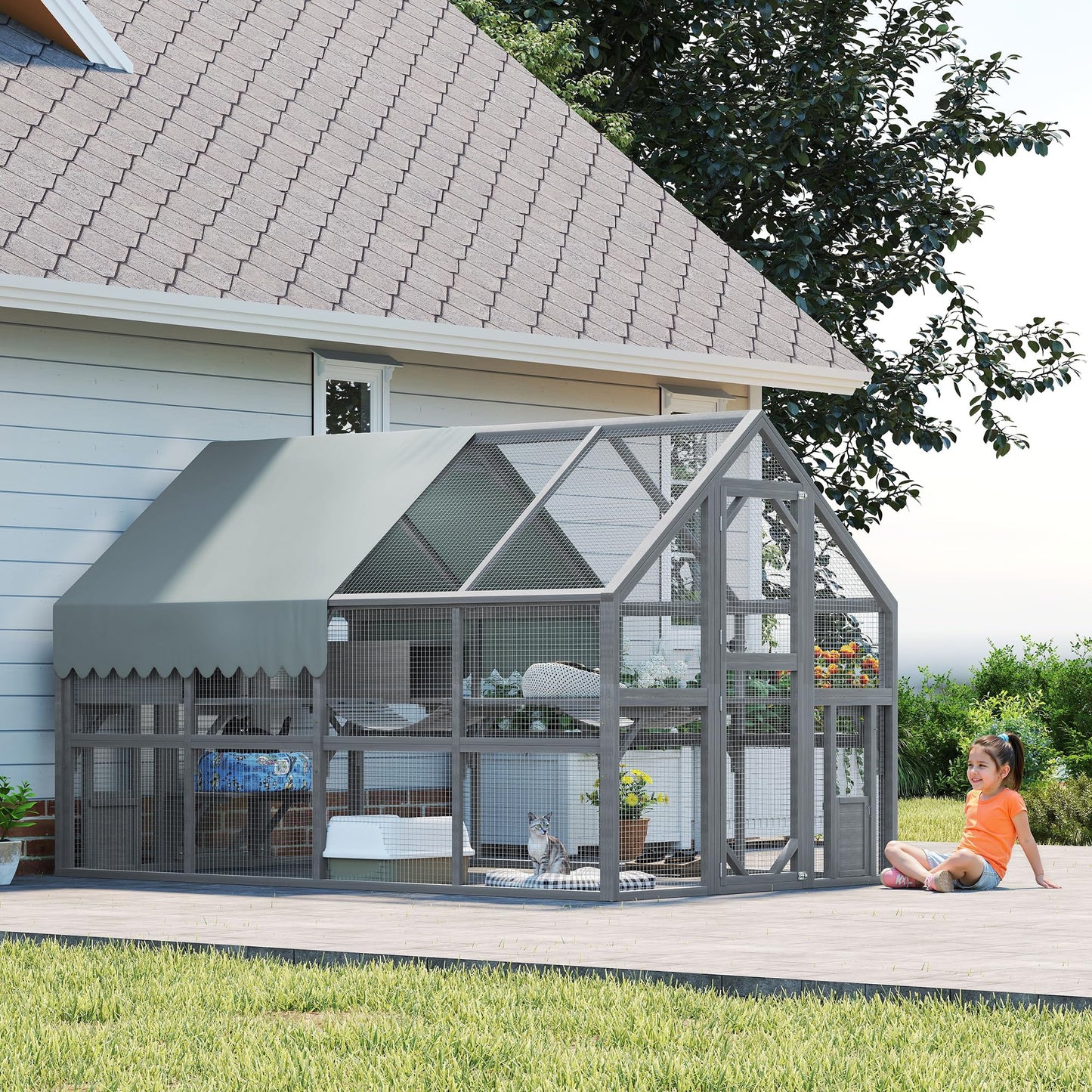 KEIKI 110" Large Outdoor Cat Enclosure for Multiple Cats, Weatherproof Wooden Catio with 7 Platforms, 2 Resting Boxes, 2 Bridges & Canopy, Secure Outdoor Cat House, Gray
