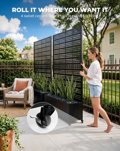 TinFrey 73" Tall Privacy Planters with Trellis, Freestanding Metal Planter Box with Trellis on Wheels, AC Unit Cover for Patio, Hide Trash Cans Pool Equipment, 5 Built-in Drainage Holes - Black