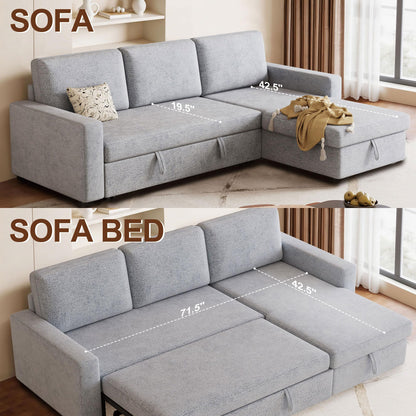 FAVSH 81.5" Convertible L Shaped Sleeper Sofa, 3-Seat Pull Out Sectional Couch with Storage Chaise & Removable Cushions, Chenille Fabric for Small Living Room Apartment, Light Gray