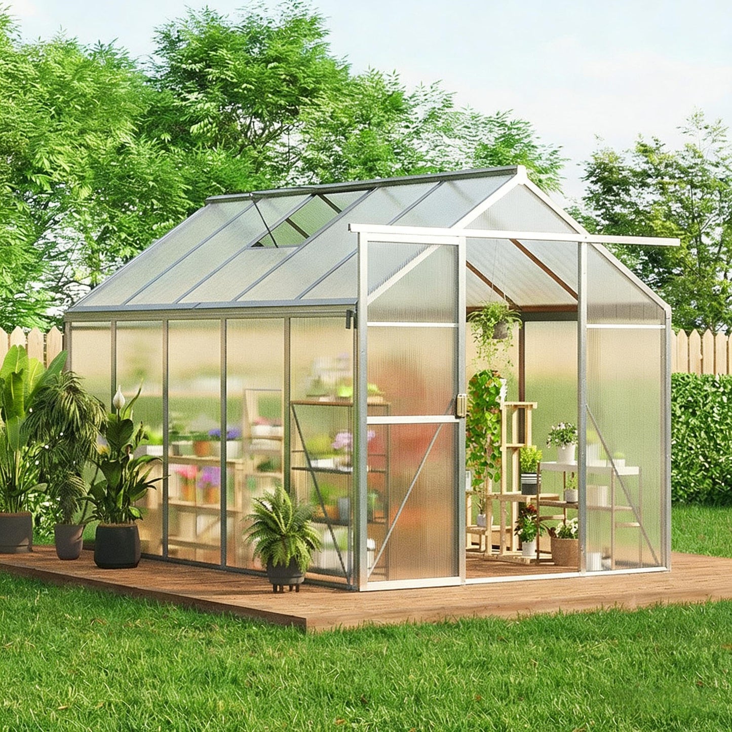 6x10 ft Outdoor Polycarbonate Greenhouse, Durable Aluminum Frame with Lockable Door, Adjustable Roof Vent, Ideal for Backyard, Patio, or Garden, All-Weather Green Houses for Outside Plant Growing