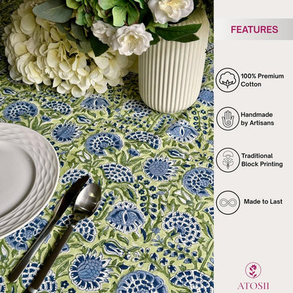 ATOSII Amara 100% Cotton Round Summer Tablecloth, Handblock Print Floral Table Cloth for Kitchen Dining Linen I Parties, Weddings, Outdoors I Grand Millennial Farmhouse Home Decor 72" Inches Round