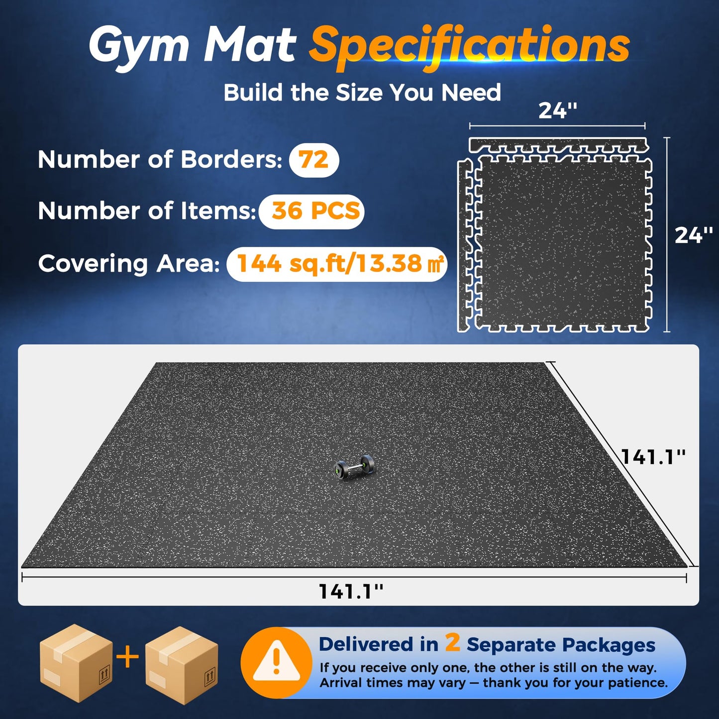 SUPERJARE 1" Extra-Thick Rubber Top Exercise Mat, Puzzle Gym Flooring for Home Gym, Gym Mat for Workout Equipment, Interlocking Floor Tiles with EVA Foam, 36 Pcs 144 Sq Ft, Black/Grey
