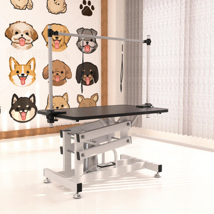 GDFStudio 42.5" Hydraulic Dog Grooming Table with Adjustable Arm & Noose, Heavy Duty Z-Lift Pet Grooming Table for Dogs at Home, Height Adjustable 21" to 36", 330LBS Capacity, White+Black