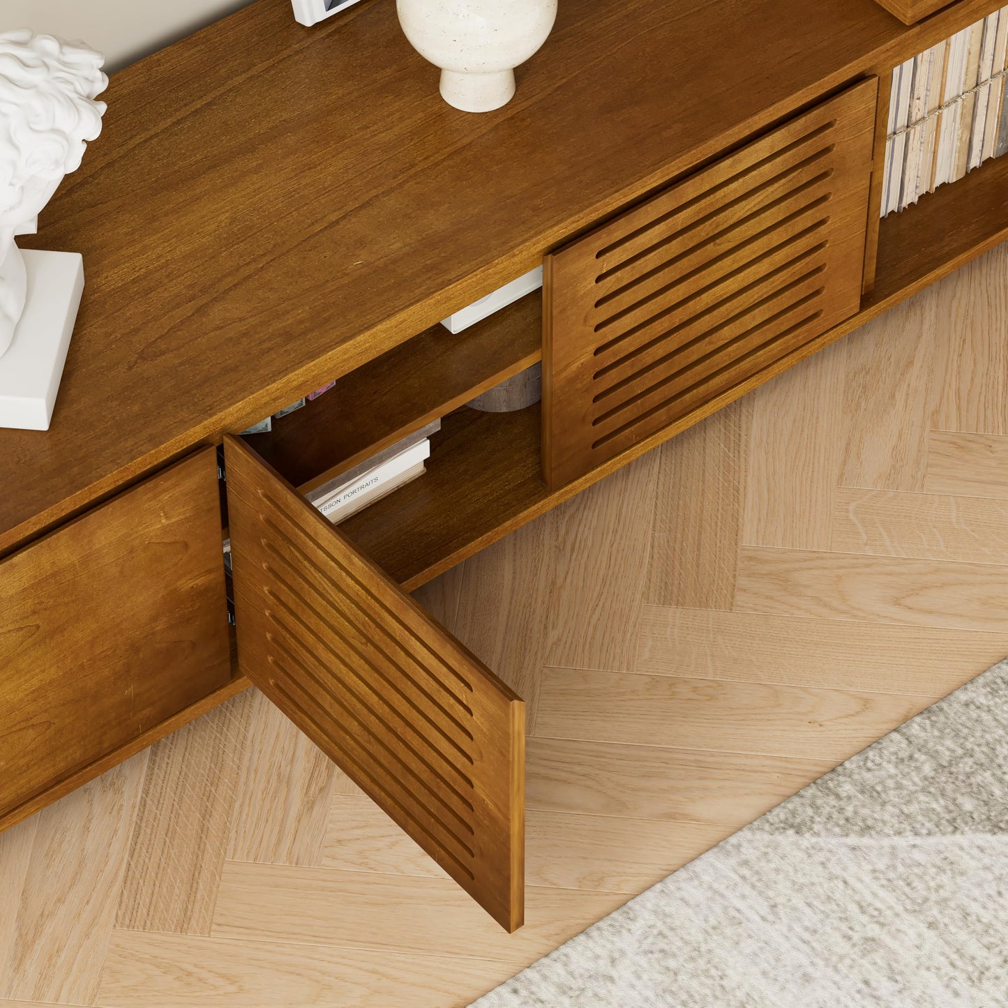 KEIKI 63" Mid-Century Modern Extendable TV Stand for TVs up to 75", Adjustable Entertainment Center with Storage, Farmhouse Media Console Cabinet with Fluted Wood Grain Design, Brown