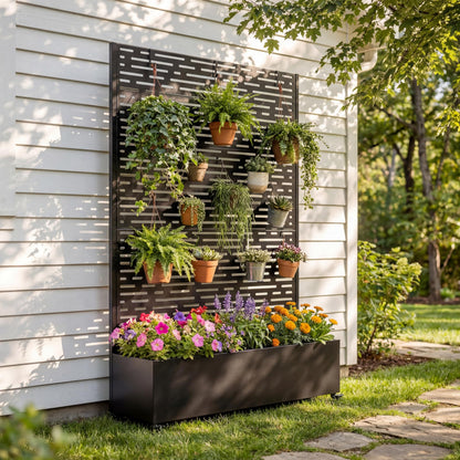 KEIKI 73"x47"x16" Planter Trellis Box with Wheels, Drainage Holes, Outdoor Resin Raised Garden Bed for Climbing Plants, Large Weather-Resistant Design, Black