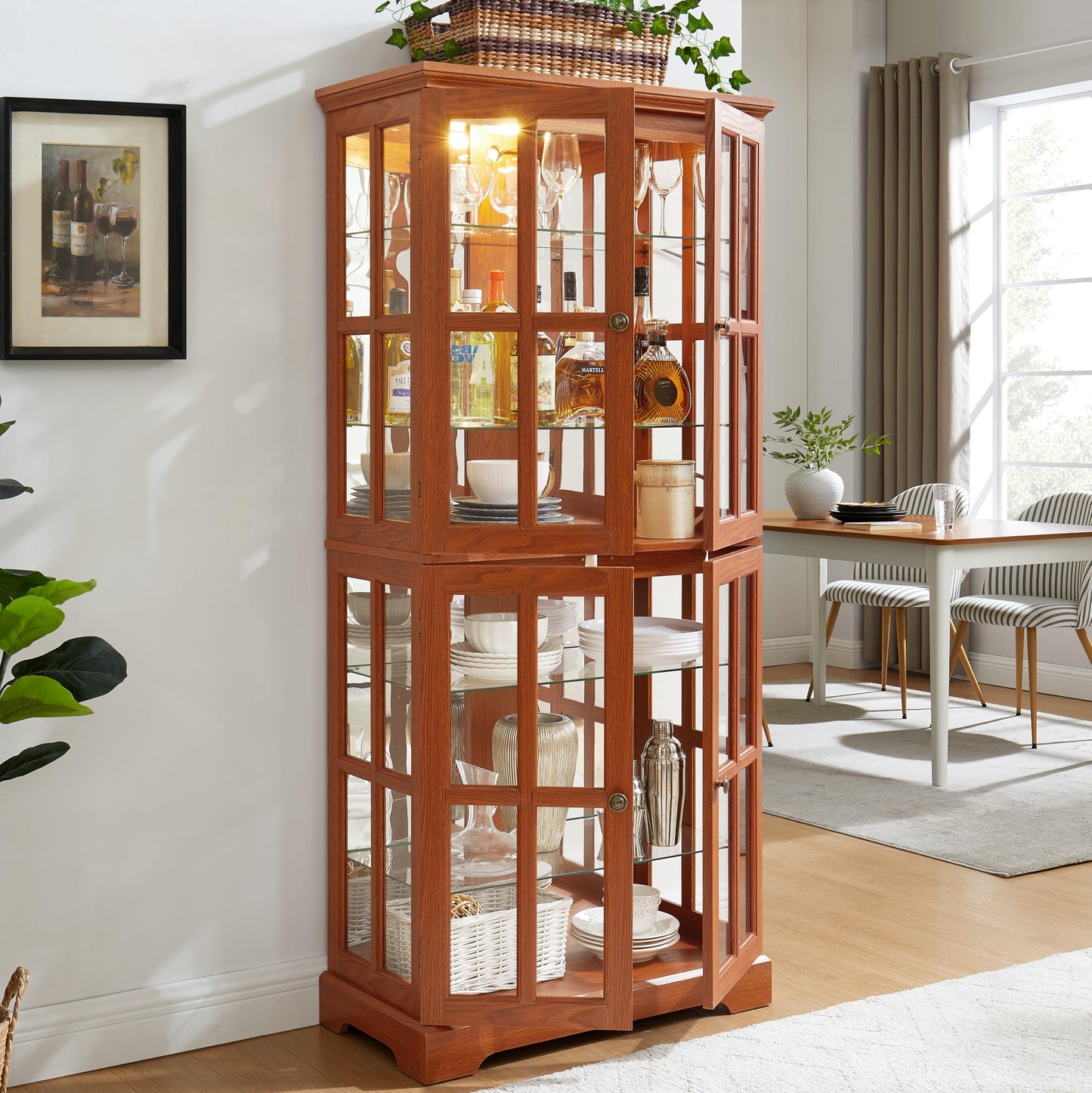 KEIKI Floor Standing Glass Display Cabinet with Light Strip, Retro Curio Cabinet with Tempered Glass Doors, Adjustable Shelves, Antique Design, E26 Bulb Included, Dark Oak