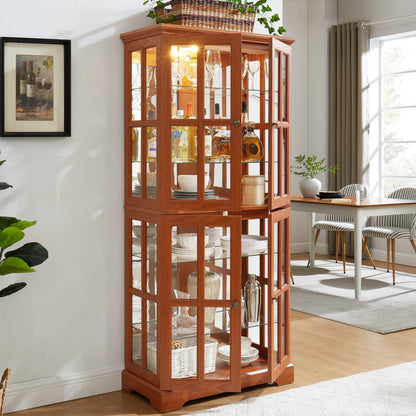 KEIKI Floor Standing Glass Display Cabinet with Light Strip, Retro Curio Cabinet with Tempered Glass Doors, Adjustable Shelves, Antique Design, E26 Bulb Included, Dark Oak