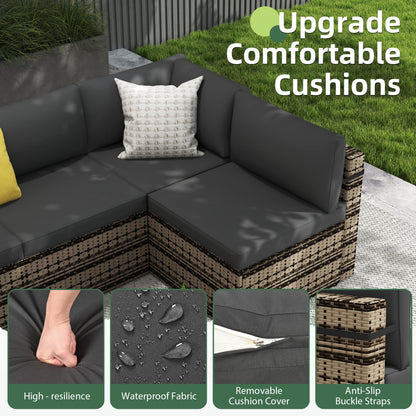 PATIOPIA 7-Piece Outdoor Sectional Sofa Set, Weather-Resistant Patio Furniture Set with Washable Cushions and Coffee Table, Black Rattan Patio Conversation Set for Poolside, Backyard, Deck (Beige)
