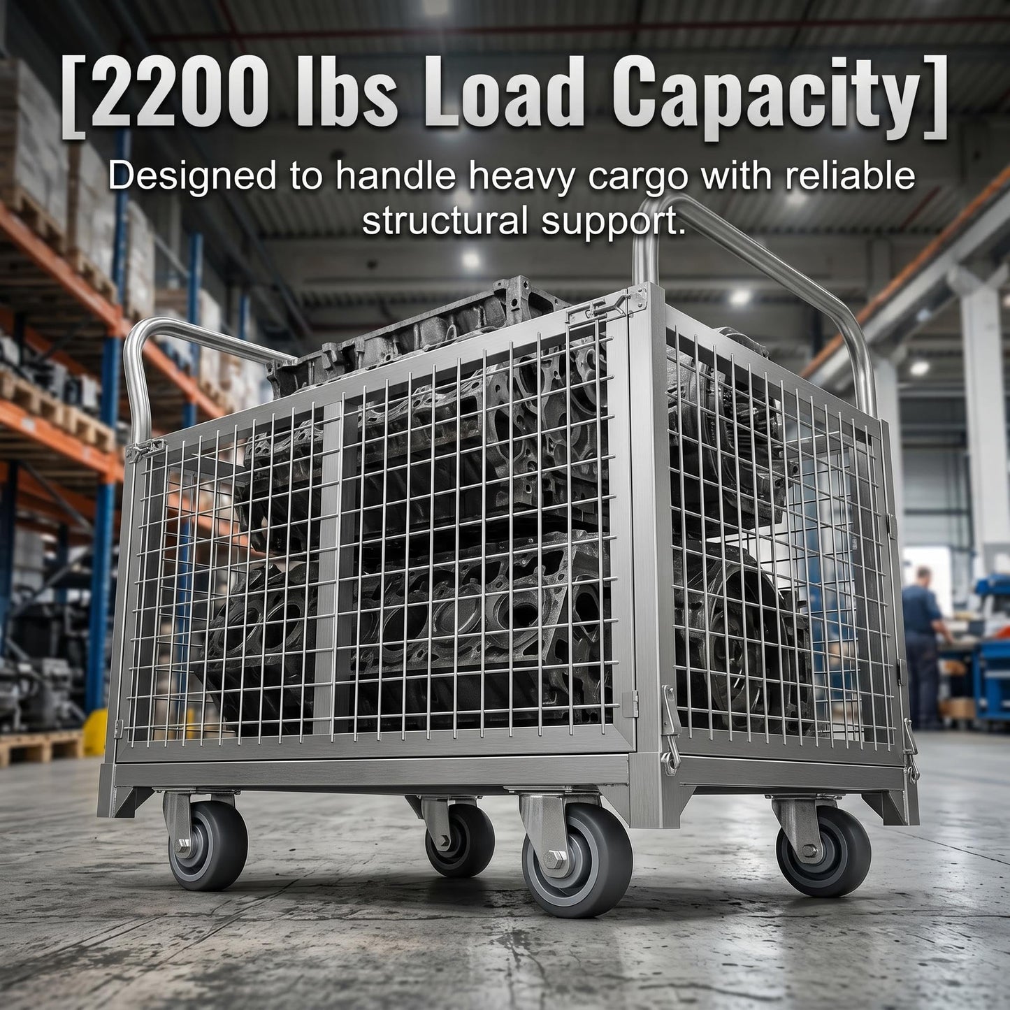 4-in-1 Rolling carts with cage, Multi-Purpose Heavy-Duty Duty cart, 2200-pound Capacity, Folding cart with 5-inch Wheels, for Groceries, Garage, Warehouse (39.4 inches Long x 23.6 inches Wide)