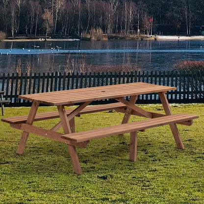 Jaxilyn Picnic Table with Bench for 6-8 Person Outdoor Wooden Rectangle Table for Backyard, Porch, Patio, Deck w/Umbrella Hole -Brown