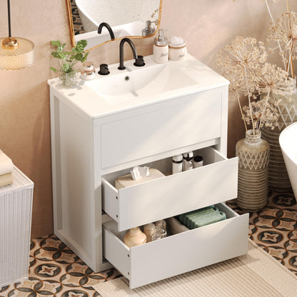 Christopher Knight Home Polla 30" Bathroom Vanity with Ceramic Sink, Wooden Bathroom Vanity Organizer, Soft Closing Door Bathroom Vanity Cabinet, Freestanding Pedestal Sink Storage Cabinet, White