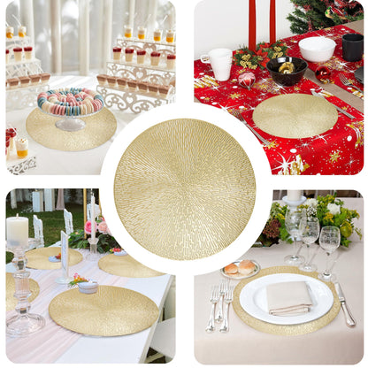 Snowkingdom Gold Round Placemats Set of 4, Golden Vinyl Metallic Hollow 15 Inch Place mats, Washable Easy Clean Wipeable Non Slip Stain Heat Resistant Dining Table Mats for Wedding Party Decoration