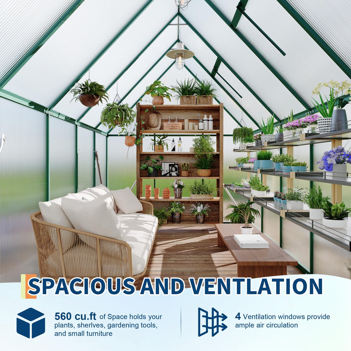 Polycarbonate Greenhouse for Outdoors, Large Walk-InGreenhouse with Quick Setup Structure and Roof Vent, Greenhouse with Ventilation