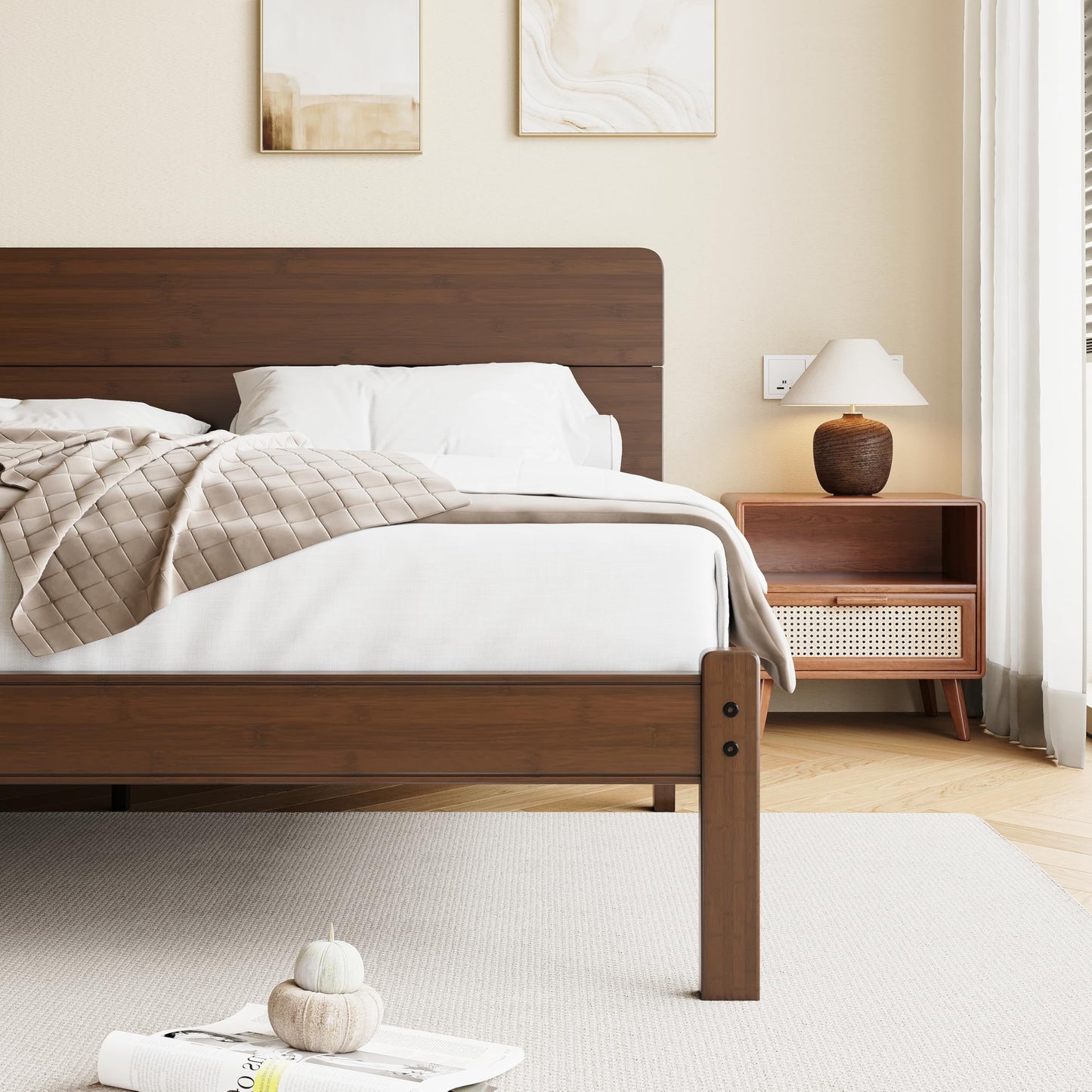 Cleaniago 14 Inch High Solid Bamboo Wood Queen Bed Frame with Headboard, Heavy Duty Steel Slat Support, No Box Spring Needed, Easy Assembly