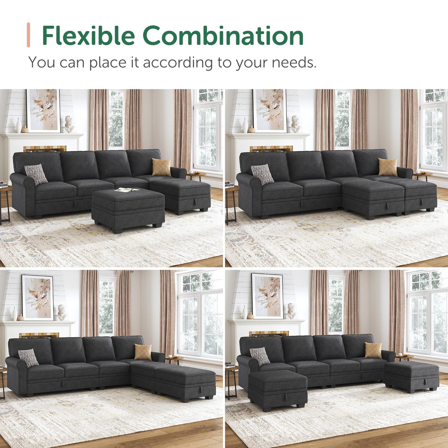 HONBAY Sectional Sofa with Storage Seat U Shaped Sectional Couch with Reversible Chaise Convertible Sectional Couches for Living Room,Dark Grey