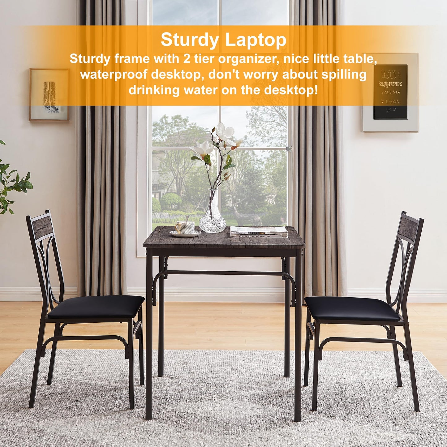 VECELO 3 Piece Dining Table Set for 2, Kitchen Table Set with 2 Chairs for Small Space, Space-Saving and Modern Design, Apartment, Easy to Assemble,Classic Brown
