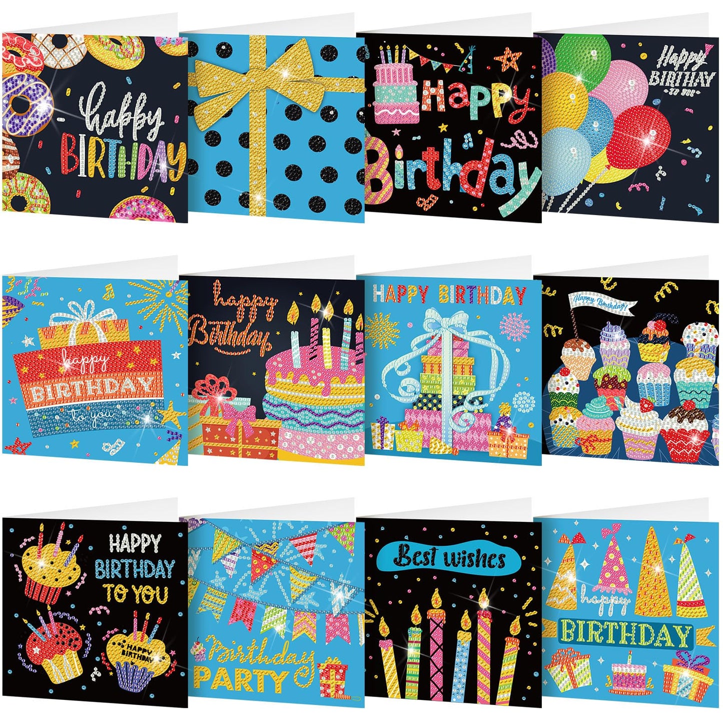 Saillong 12 Pack Happy Birthday Diamond Painting Greeting Card Kits DIY Diamond Art Cards with Envelopes Birthday Cake 5d Rhinestones Painting Kits for Adults DIY Crafts Family Friend Birthday Gifts