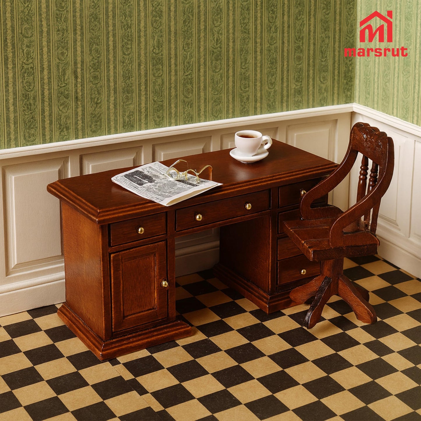1/12 Scale Wooden Dollhouse Desk and Chair Set, Miniature Office Furniture, Computer Table Accessory, Retro Writing Simulation Doll House Accessories for Photo Props Scene
