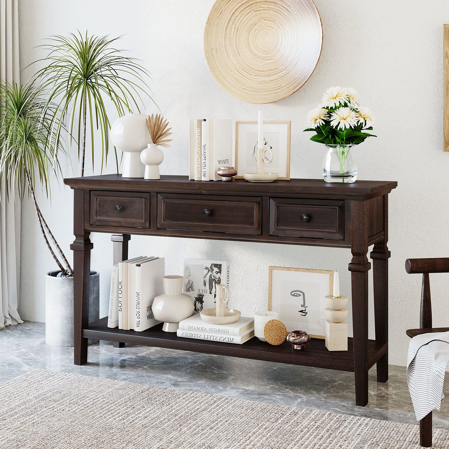 Merax Wood Farmhouse Entry Way Hallway Console Table with Drawers and Bottom Shelf Narrow Long Sideboard for Living Room Bedroom Espresso