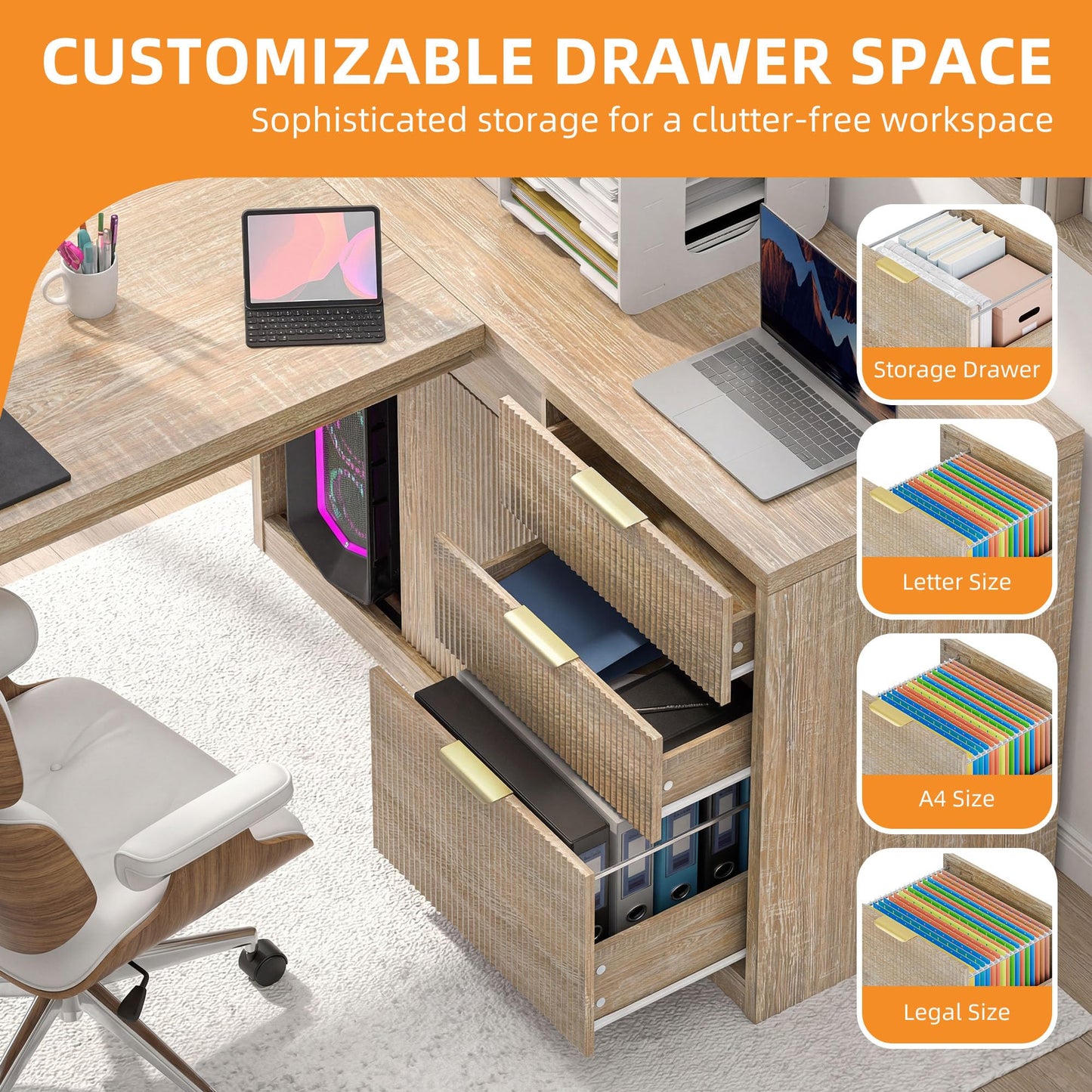 Meowloday 78'' Fluted Executive L Shaped Desk, Modern Home Office Desk with File Drawer and Charging Station, Computer Corner Desks with Storage Cabinet for Office Home, Bedroom, Natural Oak