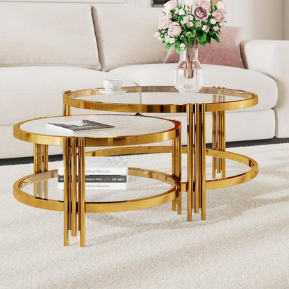 Merax 2-Piece Nesting Round Coffee Table Set, Gold Finish Metal Frame with Textured Tempered Glass Tops, Modern Stylish Accent & Side Table for Living Room, Bedroom, Apartment, Office, Transparent
