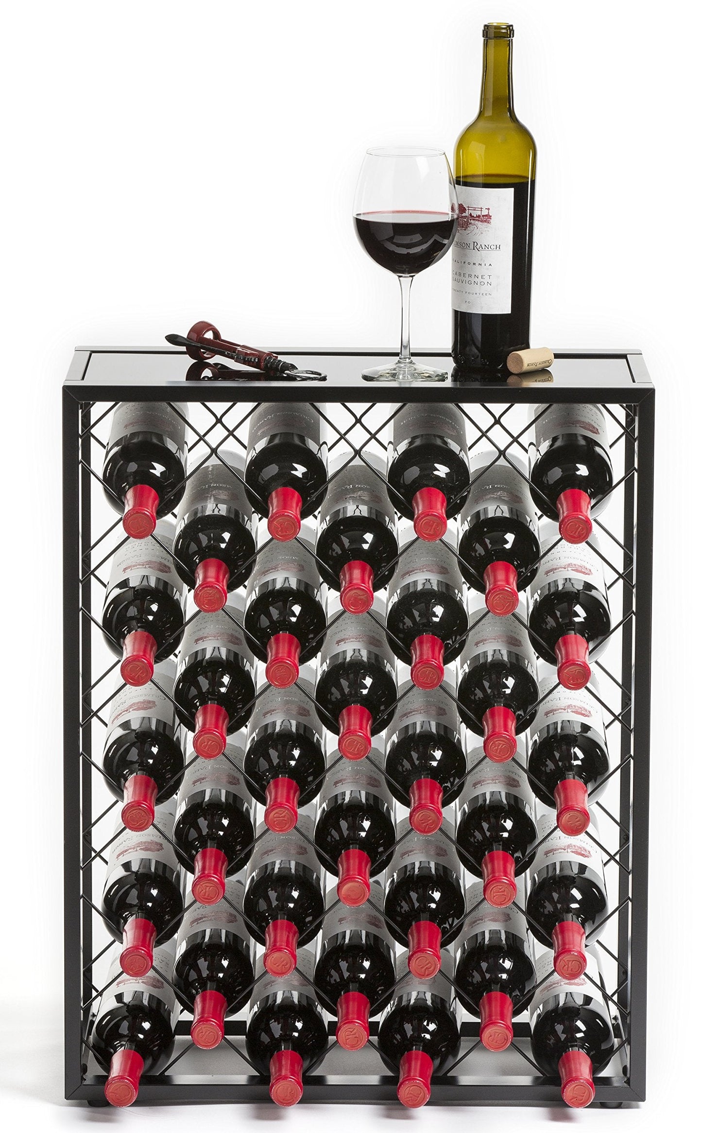 Mango Steam 32 Bottle Wine Rack with Black Glass Top Shelf, Free Standing for Home, Kitchen and Bar