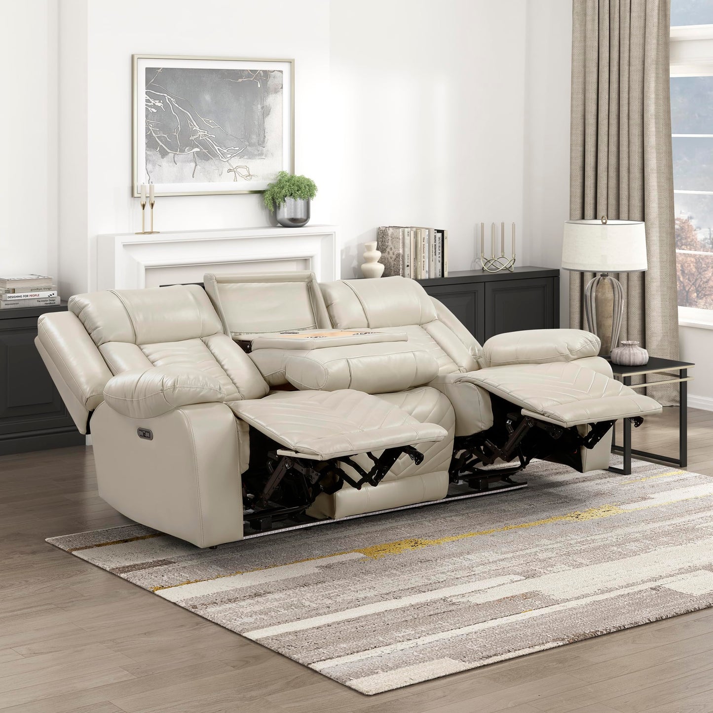Lexicon Wall Hugger Power Double Reclining Sofa with Center Drop-Down Table, Faux Leather Home Theater Seating with LED Lighting/USB Charging Ports/Wireless Charger/Cup Holders, Magazine Pocket, Beige