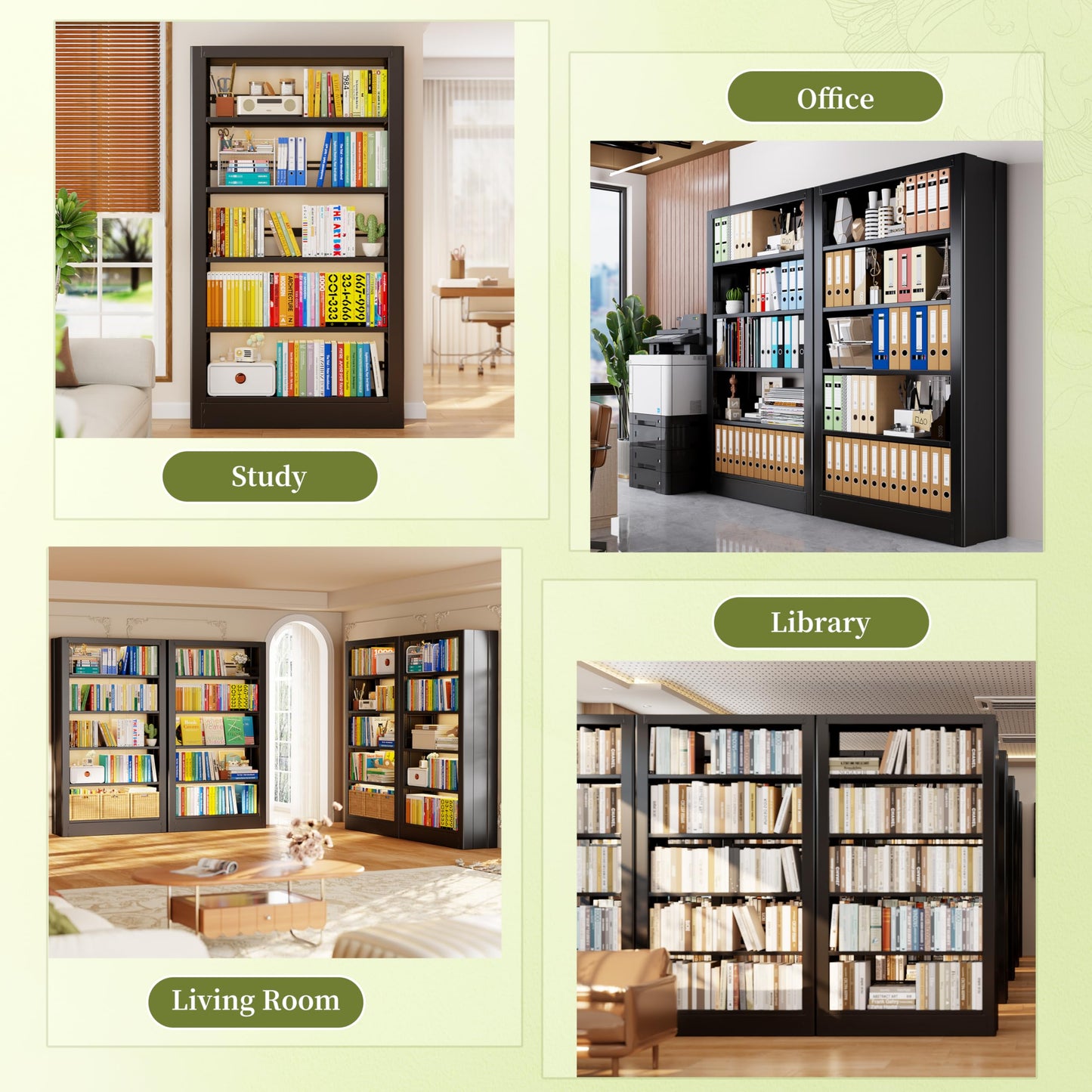 OpolQif Bookshelf, 71" H Tall Black Bookcase, 5-Tier Bookcase Metal Sturdy Bookshelf with Adjustable Shelves,Heavy Duty Book Cases for Living Room, Library, School, Study, Home Office(Black, 73" W)