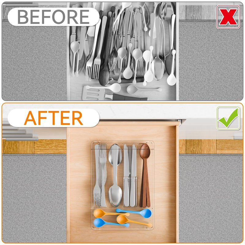 Yieach Clear Silverware Organizer with Lid - 9 inch Wide - Small Silverware Drawer Organizer & Tray and Utensil Drawer Organizers with Lid,BPA Free Plastic Flatware Drawers Organizers for Fork,Spoon