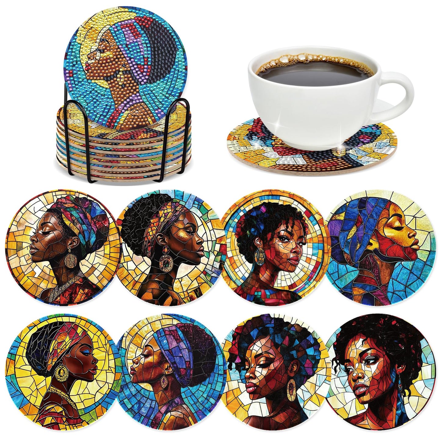 INCOK Black Woman Diamond Painting Coasters - 8 PCS DIY Colorful Glass Diamond Art Coasters Kits for Drinks Coffee Art Craft Supplies Birthday Holiday for African American Adult Beginners
