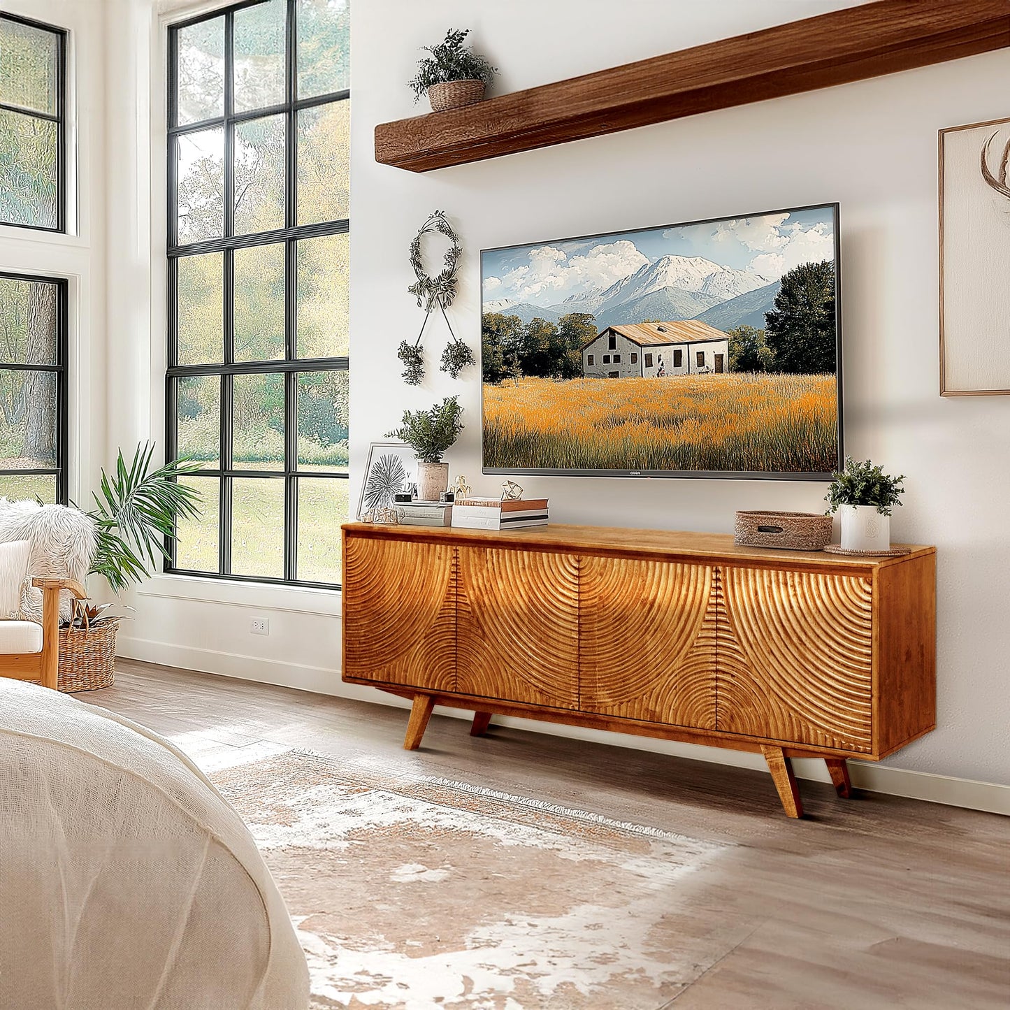 Acacia Harmony TV Stand for TVs up to 75+ Inch Entertainment Center with Storage Shelves and Cable Management, Media Console Table Wood for Living Room Bedroom, Caramel