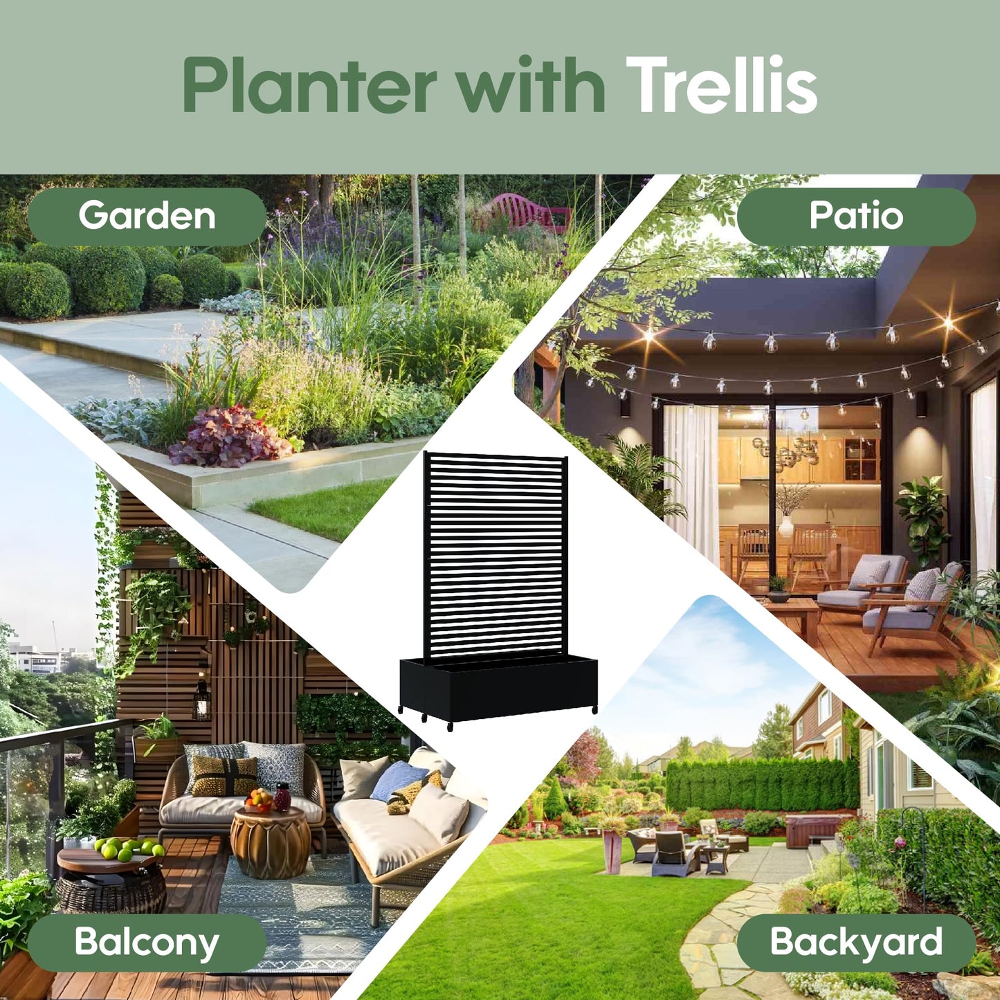 Sunnibety Double Metal Planter Box with Trellis Privacy Screen, Raised Garden Bed with Trellis & Wheels, Planter Box Outdoor with Drainage Holes for Climbing Plants, Vines,73"x 47"x 30", Black