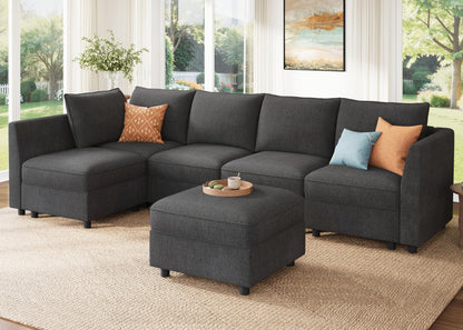HONBAY Modular Sectional Couch L Shaped Sectional Sofa with Storage, Convertible Couches for Living Room - Snowflake Velvet Grey
