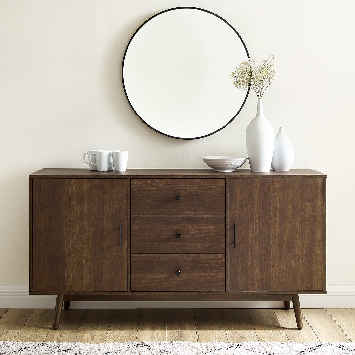 Crosley Furniture Lucas Mid Century Sideboard Buffet Cabinet with Storage, Brown