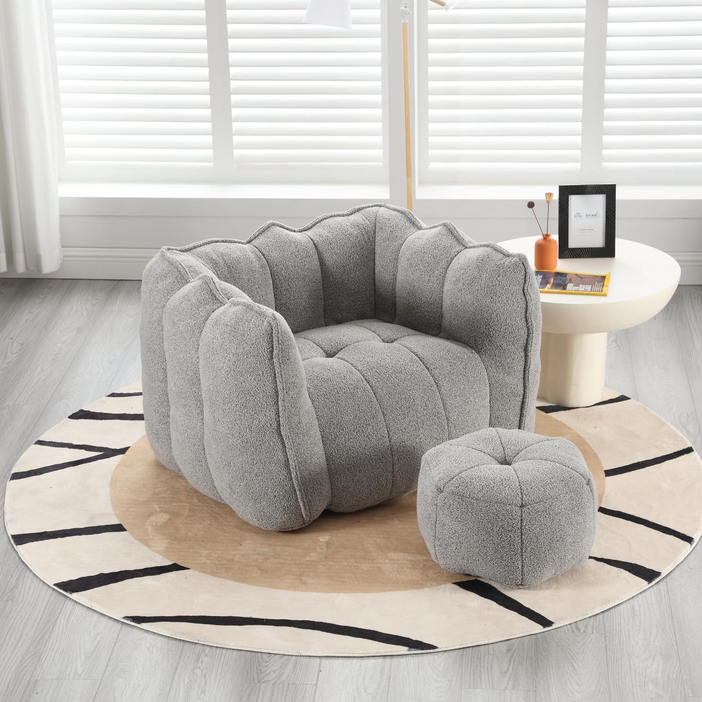 Plush Grey Chenille Bean Bag Chair for Adults | Large Comfy Lounger with Footstool | Ideal for Living Room, Bedroom, Gaming, Reading | 41"x32"x25"