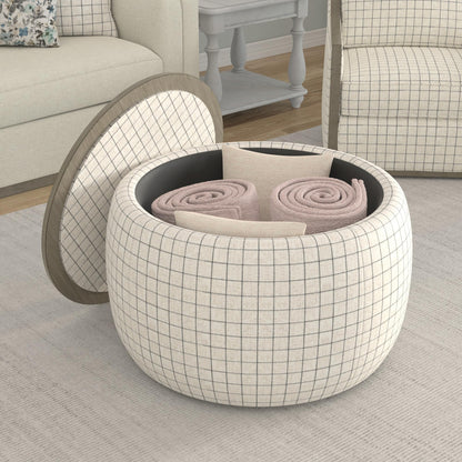GDFStudio 34" Round Storage Ottoman Bench with Reversible Lid, Upholstered Fabric Ottoman Foot Stool, Large Round Ottoman with Storage for Living Room Bedroom Entryway No Assembly, Charcoal Windowpane