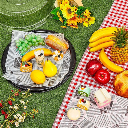 Tessco for you 12 Pack Heavy Duty Repeatedly Plastic Serving Tray with Lid and 24 Pcs Deli Wax Paper Sheets Sets Large Party Platters with Clear Lids Stackable Round Food Serving Trays (Black,16inch)