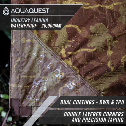 AquaQuest Defender Tarp – Heavy‑Duty Waterproof (20,000 mm) Seam‑Taped Rain Fly for Camping, Bushcraft & Survival – 13×10 True Terrain Camo