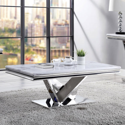 Furniture of America Namai 25mm Faux Marble Top Rectangle Coffee Table with Metal Construction and V-Style Pedestal, Home Décor for Living Room, Lounge Area, Office, Chrome