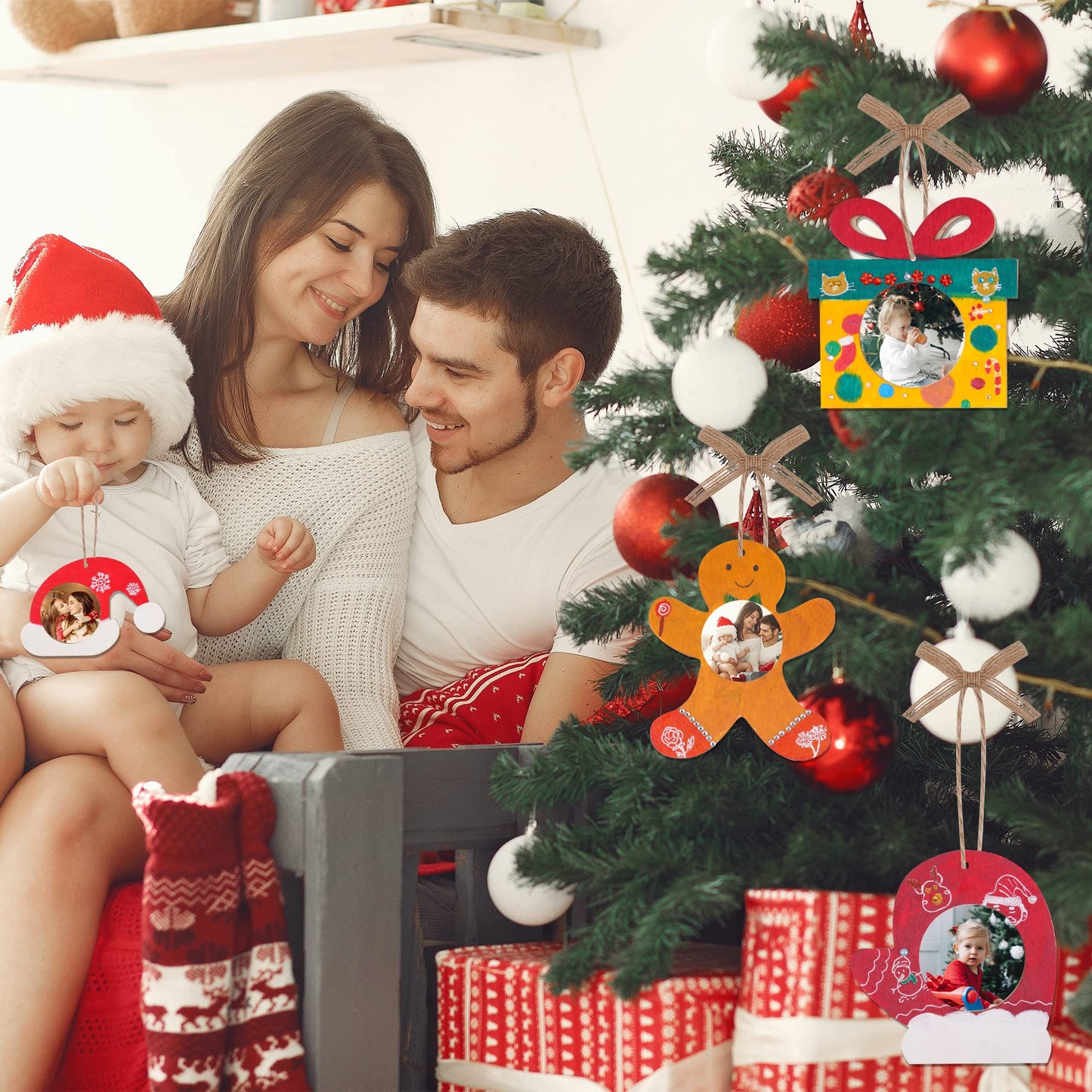 Shitailu 24Pcs Christmas Photo Frame Ornaments, DIY Unfinished Wood Picture Frame Ornaments Craft, Xmas Themed Frame Kits for Kids, Painting Decor Holiday Party Projects Activities