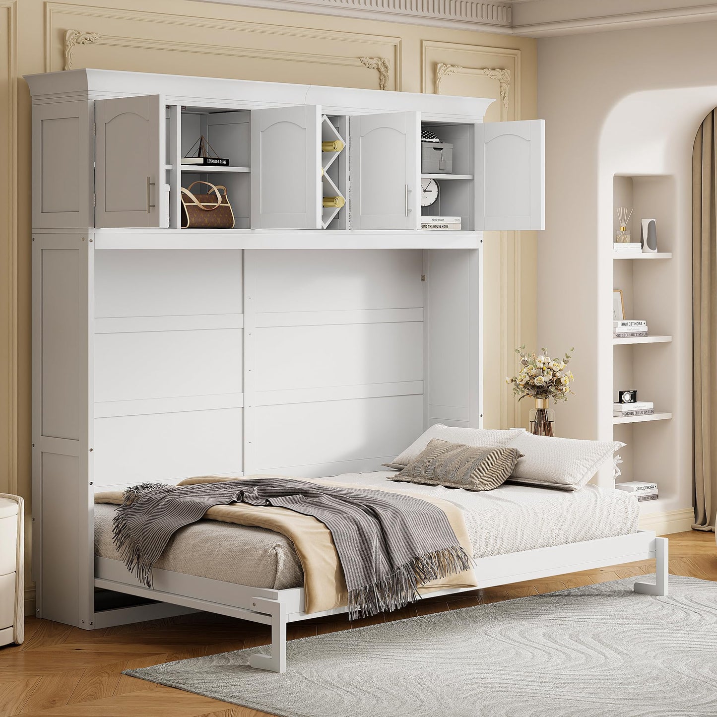 Murphy Bed Queen Size,Murphy Bed with Top Cabinets & Wine Rack,Space-Saving Hideaway Wall Foldable Bed w/Dual Piston Metal Folding Mechanism,Bedroom Folding Bedframe for Guest Room,White